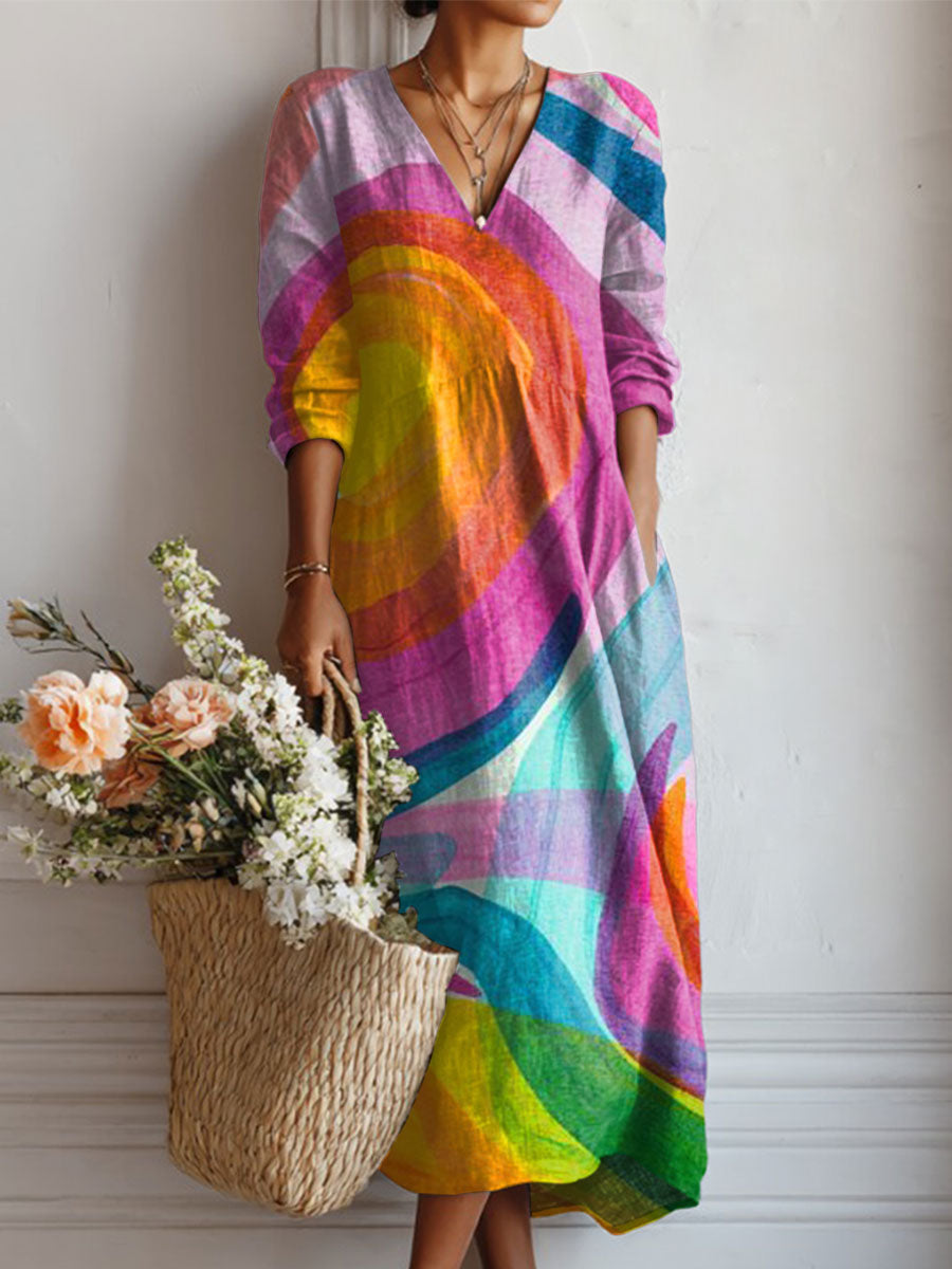 Women's Vintage Abstract Geometry Art Print Linen Pocket Dress