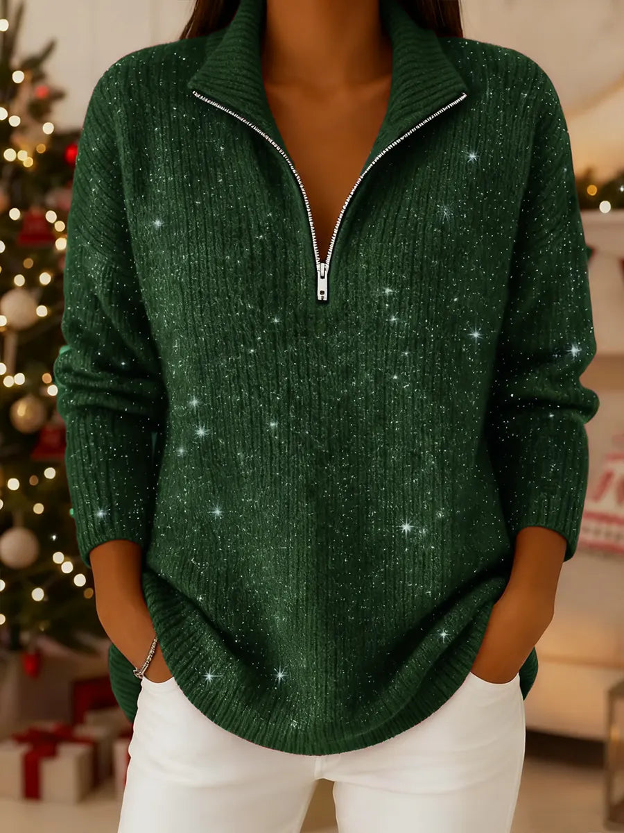 Women's Solid Color High Neck Casual Loose Sequined Knit Sweater
