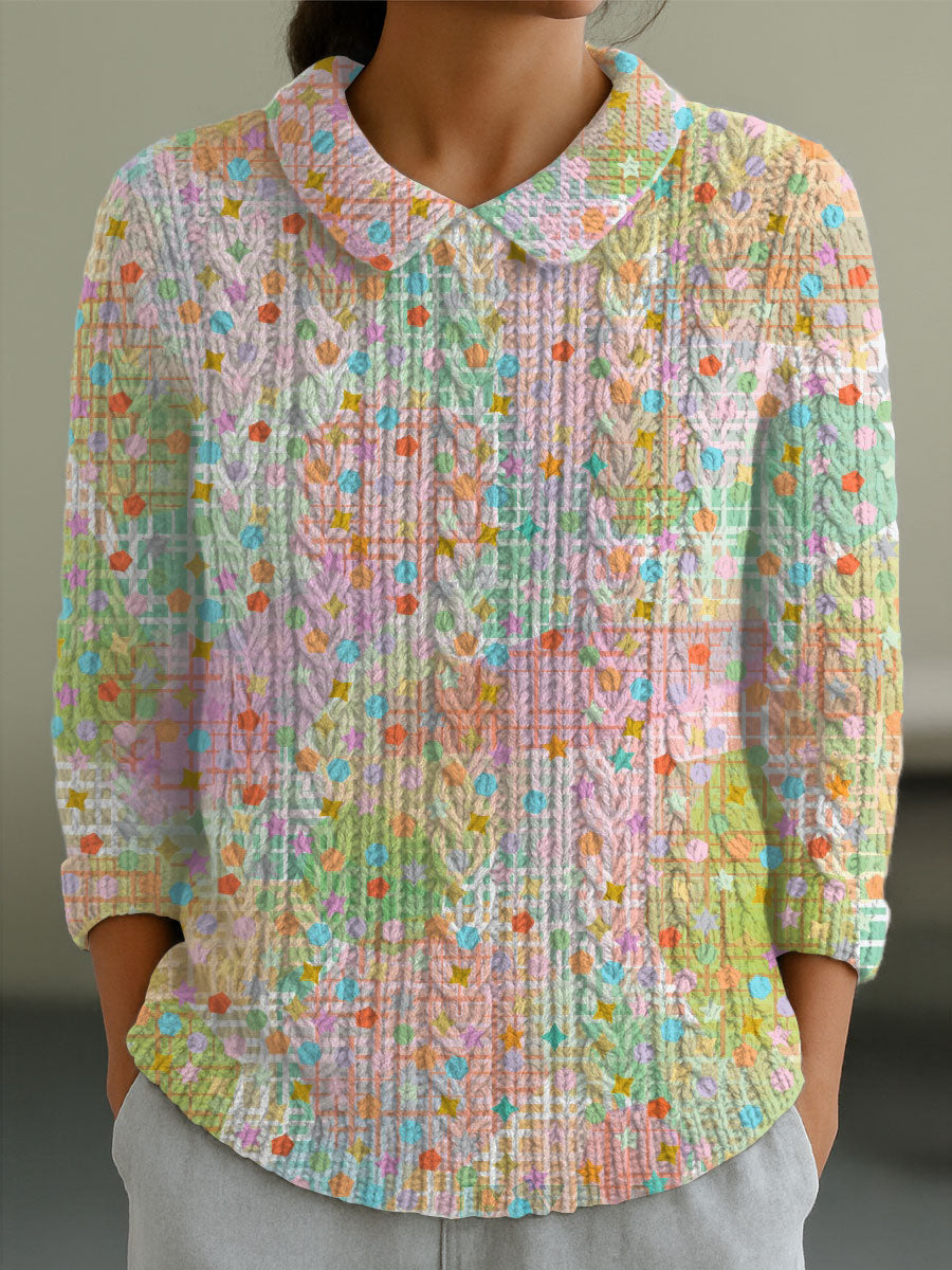 womens-vintage-colorful-polka-dot-art-print-casual-peter-pan-collar-3-4-sleeve-sweater