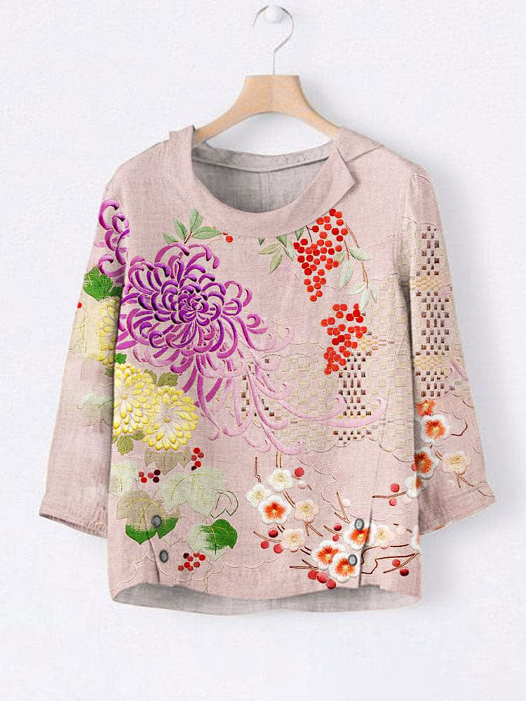 Japanese Botanical Flower Embroidery Pattern Women's Linen Lapel Shirt