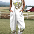 Women's  Vintage  Happy Highland Cow Flowers Art Print Casual 100% Cotton Wide Leg Jumpsuit