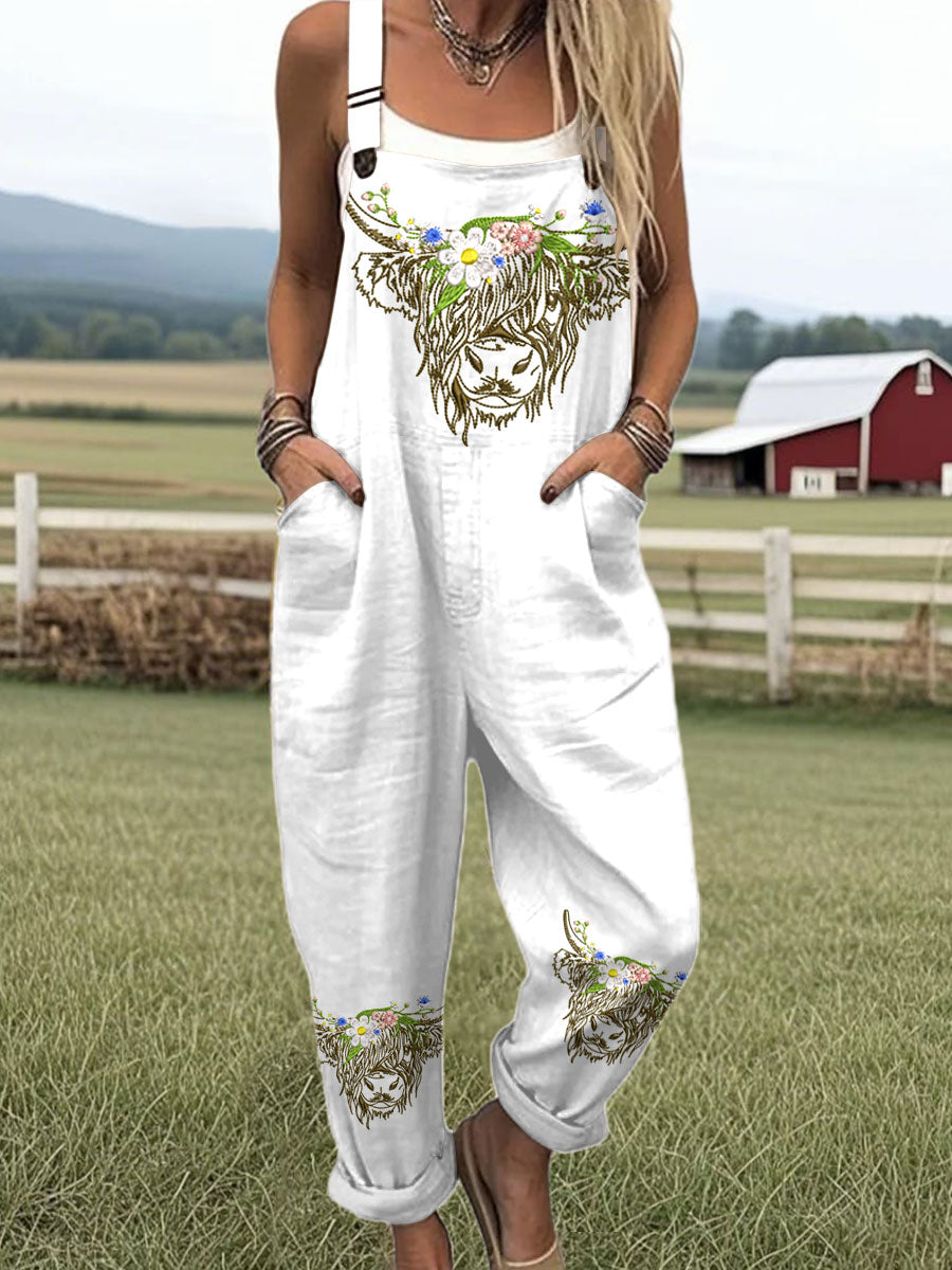 Women's  Vintage  Happy Highland Cow Flowers Art Print Casual 100% Cotton Wide Leg Jumpsuit