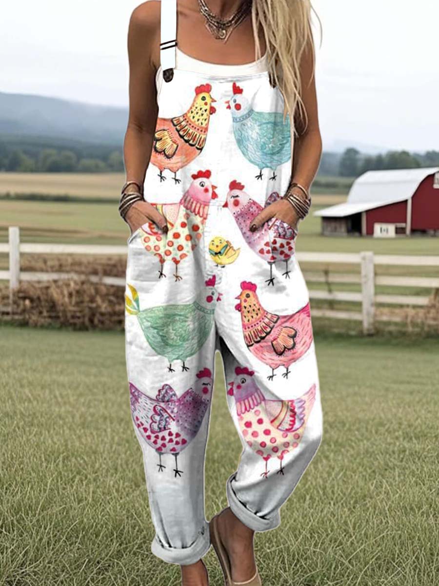 Women's Funny Chicken Pattern Art Print Casual 100% Cotton Wide Leg Jumpsuit