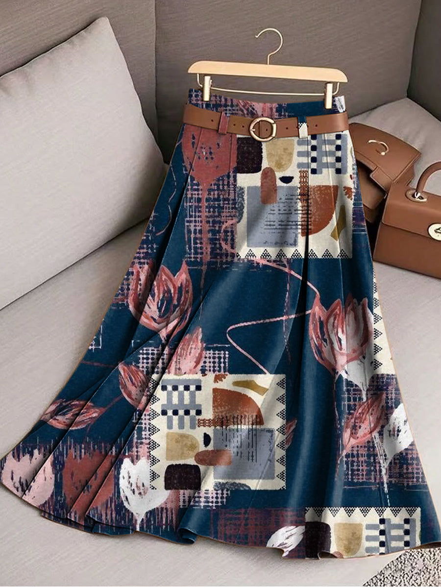 Women's Abstract Floral Plaid Splicing Painting Art Print Cotton Skirt