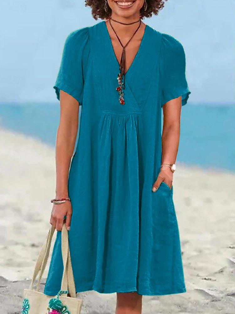 Women's Vintage Cotton And Linen Short-sleeved V-neck Pleated Dress