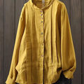 Women's Pleated Drawstring Button Cotton and Linen Shirt