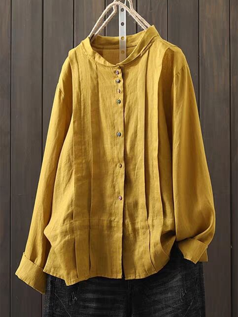Women's Pleated Drawstring Button Cotton and Linen Shirt