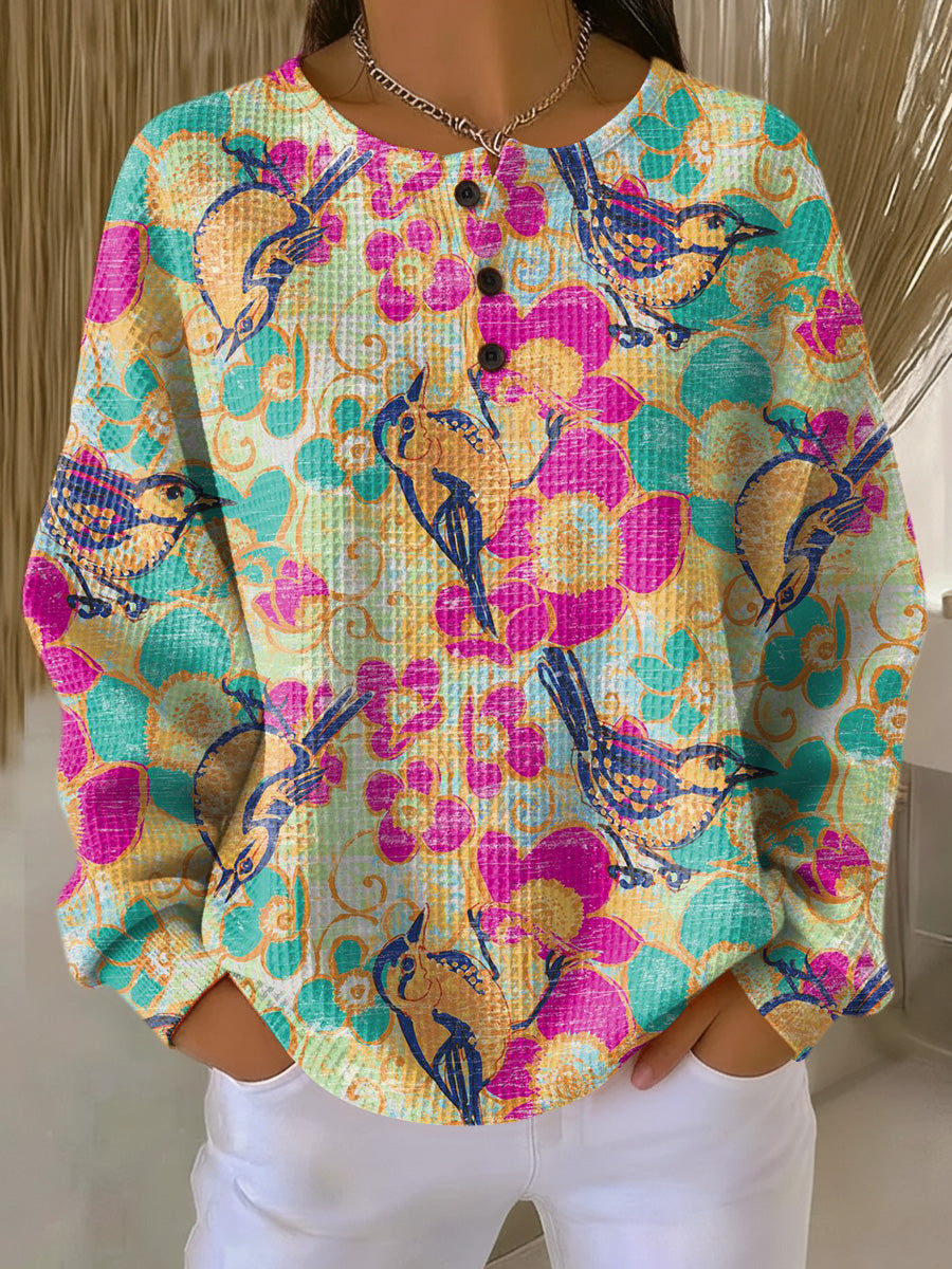 Women's Beautiful Colorful Ethnic Floral Bird Painting Art Print Casual Cotton Sweatshirt