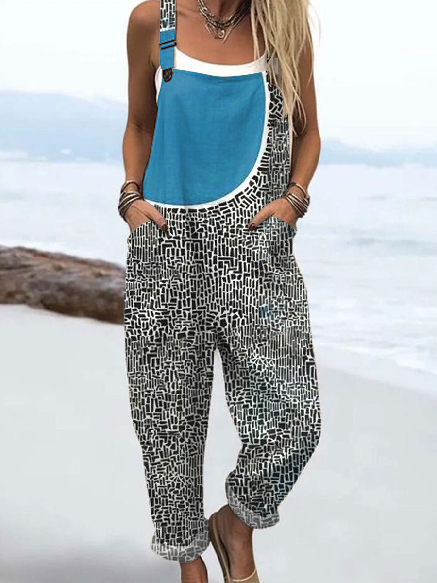 Women's  Vintage Abstract Geometric Art Print Casual 100% Cotton Wide Leg Jumpsuit