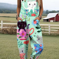 Women's Colorful Cute Cup Cat Painting Art Print Casual 100% Cotton Wide Leg Jumpsuit