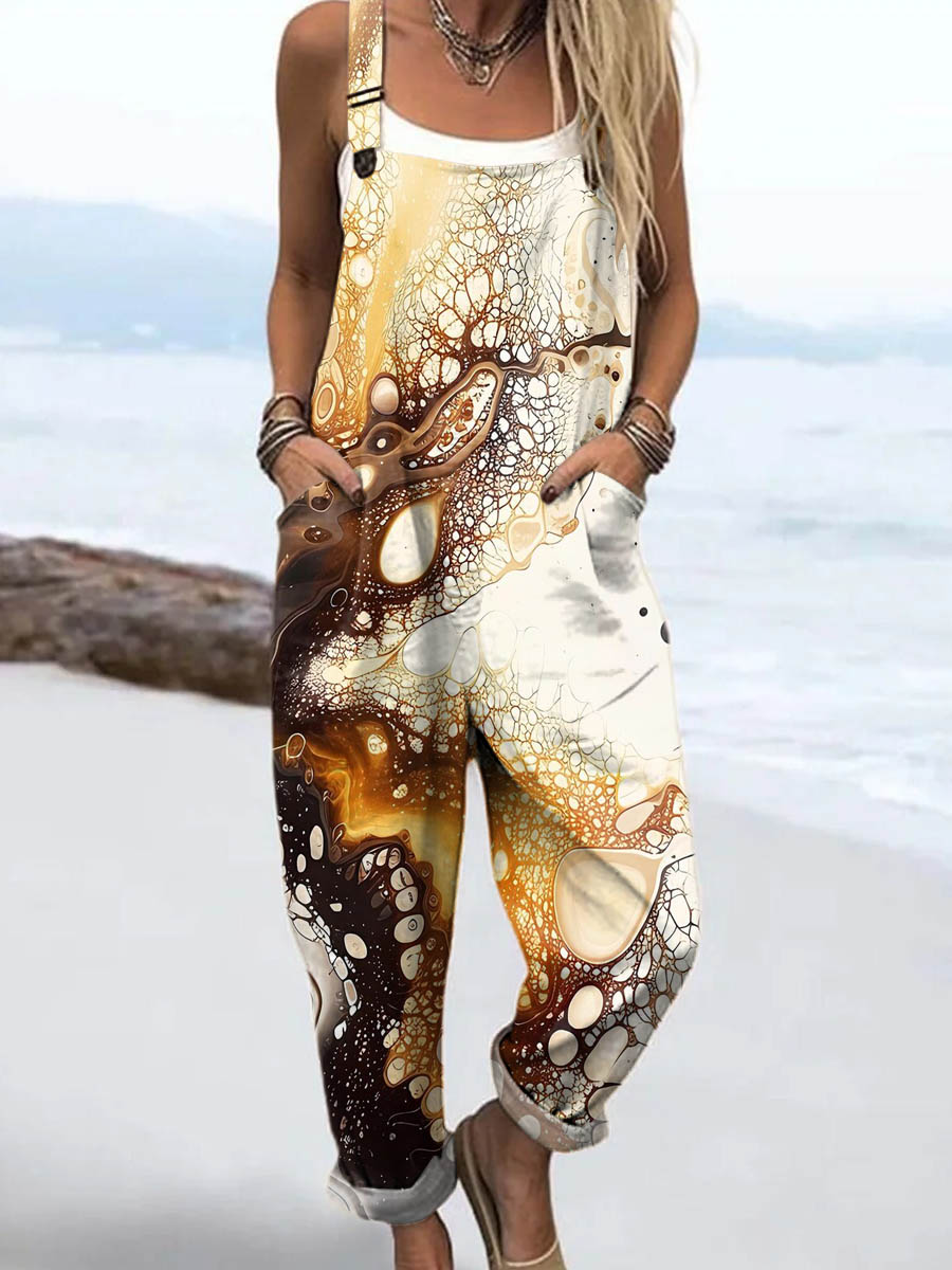 Women's Abstract Pattern Art Print Casual 100% Cotton Wide Leg Jumpsuit