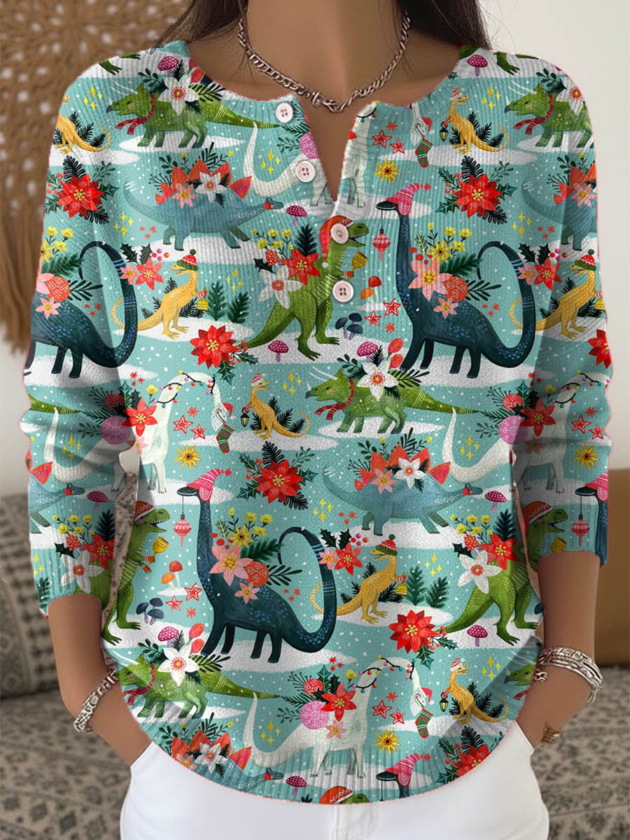 Women's Lovely Christmas Dinosaur Art Print Buttoned Cardigan Sweater