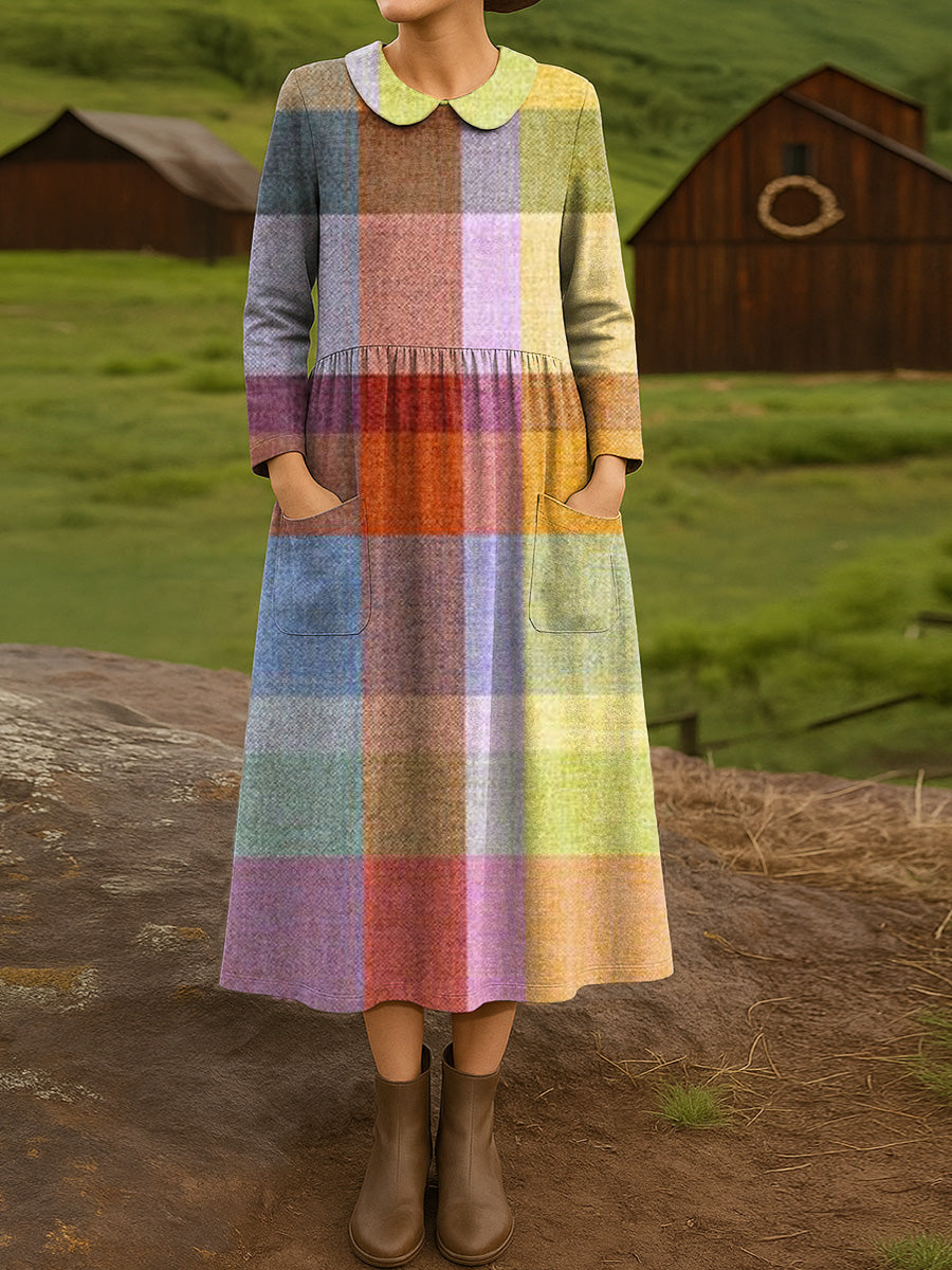 Women's Beautiful Colorful Abstract Plaid Art Print Cotton Lapel Button-Down Shirt Dress