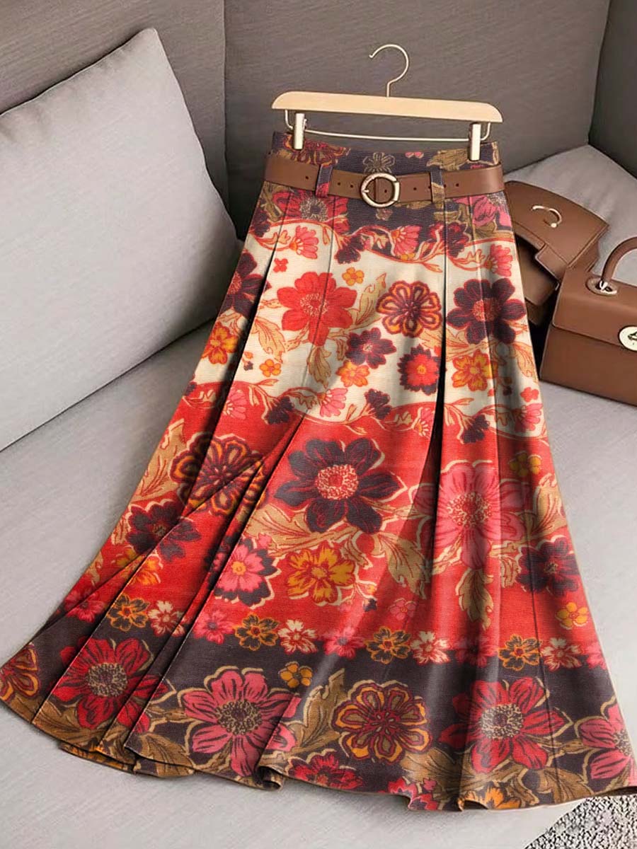 Women's Vintage Floral Pattern Art Print Casual Cotton Skirt