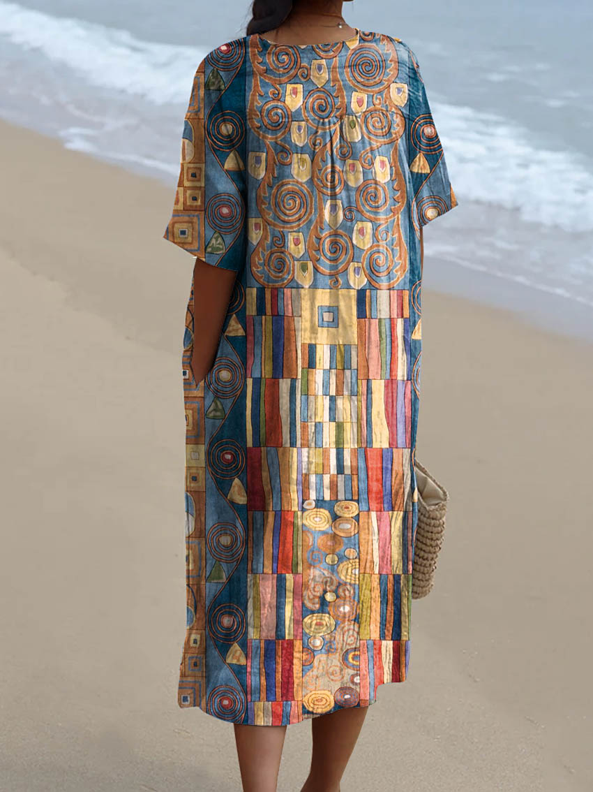 Women's Abstract Geometric Pattern Art Print Flowy Cotton Dress