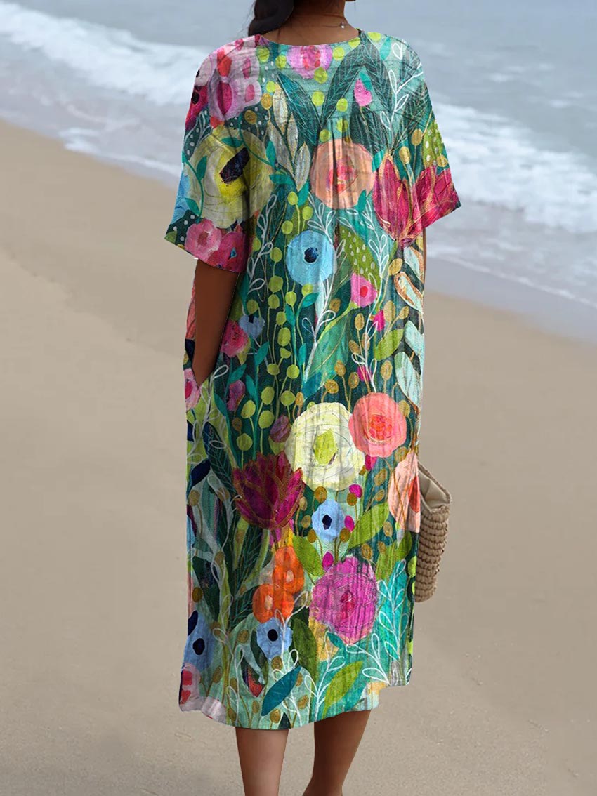 Women's Vintage Lovely Floral Art Print Flowy Dress