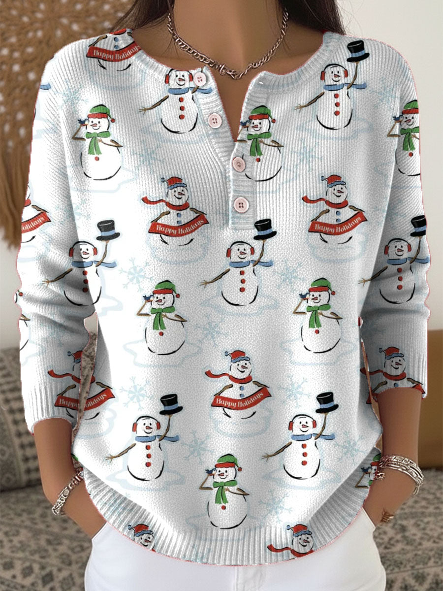 Women's Christmas Snowman Pattern Art Print Buttoned Cardigan Sweater