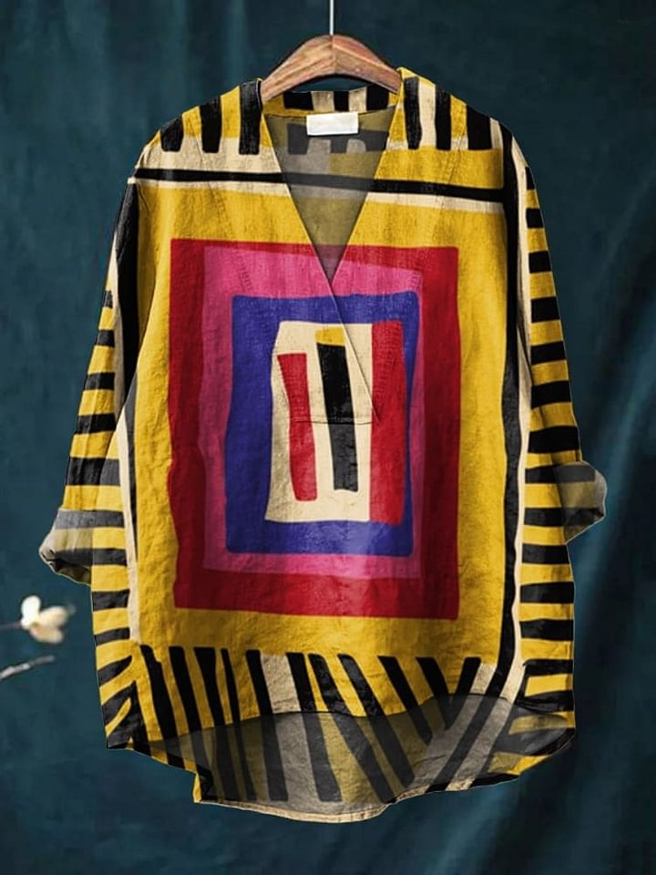 Women's Yellow Square Geometry Print Casual Cotton And Linen V-neck Shirt