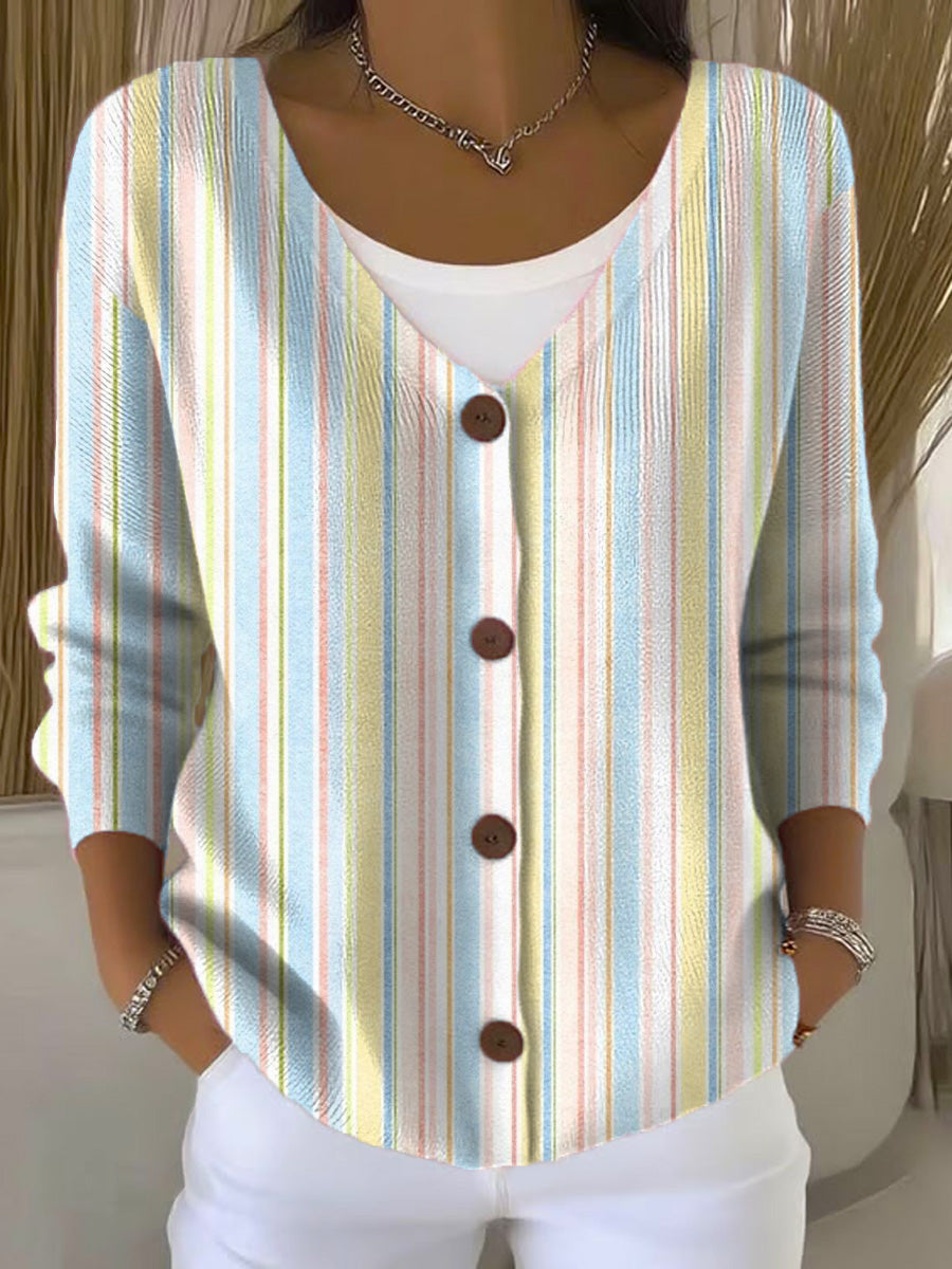 vertical-stripes-print-buttoned-v-neck-cardigan-sweater