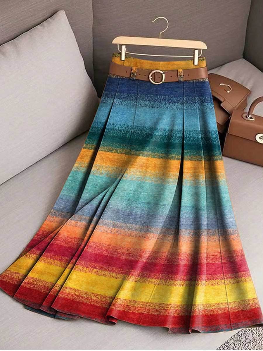 Women's Beautiful Colorful Striped Painting Art Print Cotton Skirt