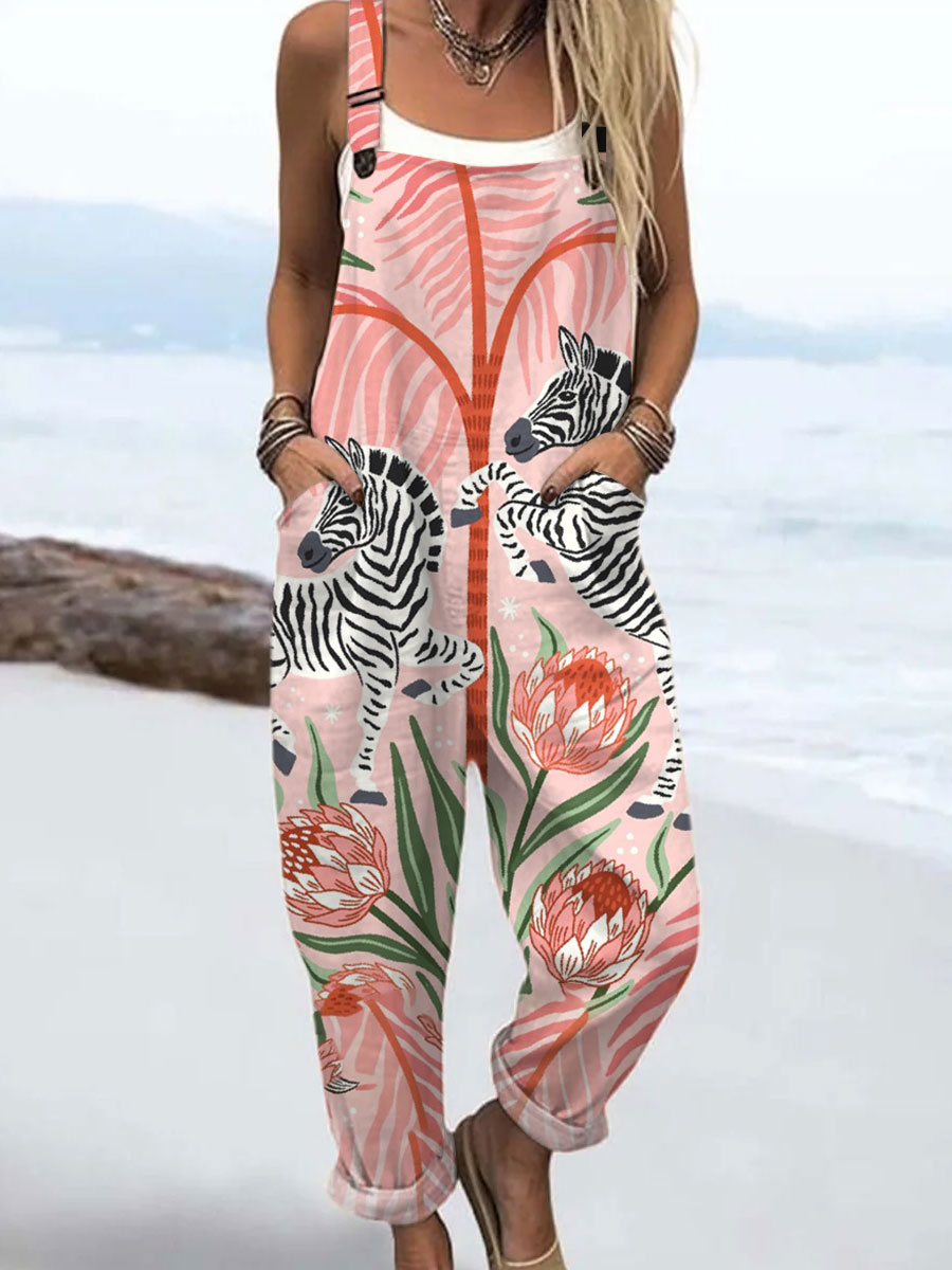 Women's  Vintage  Zebra Flowers Art Print Casual 100% Cotton Wide Leg Jumpsuit