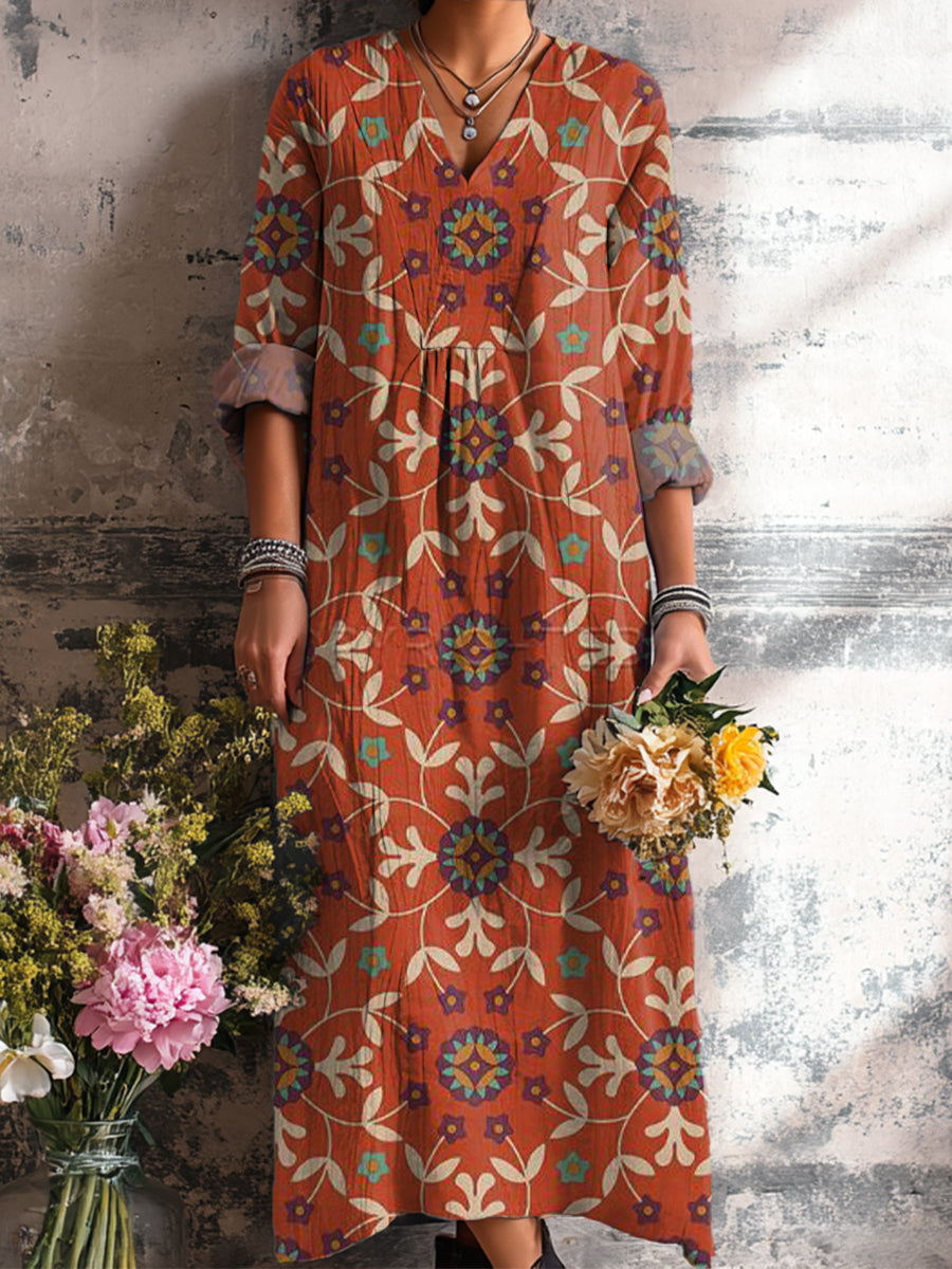Women's Vintage Ethnic Geometric Floral Art Print Dress