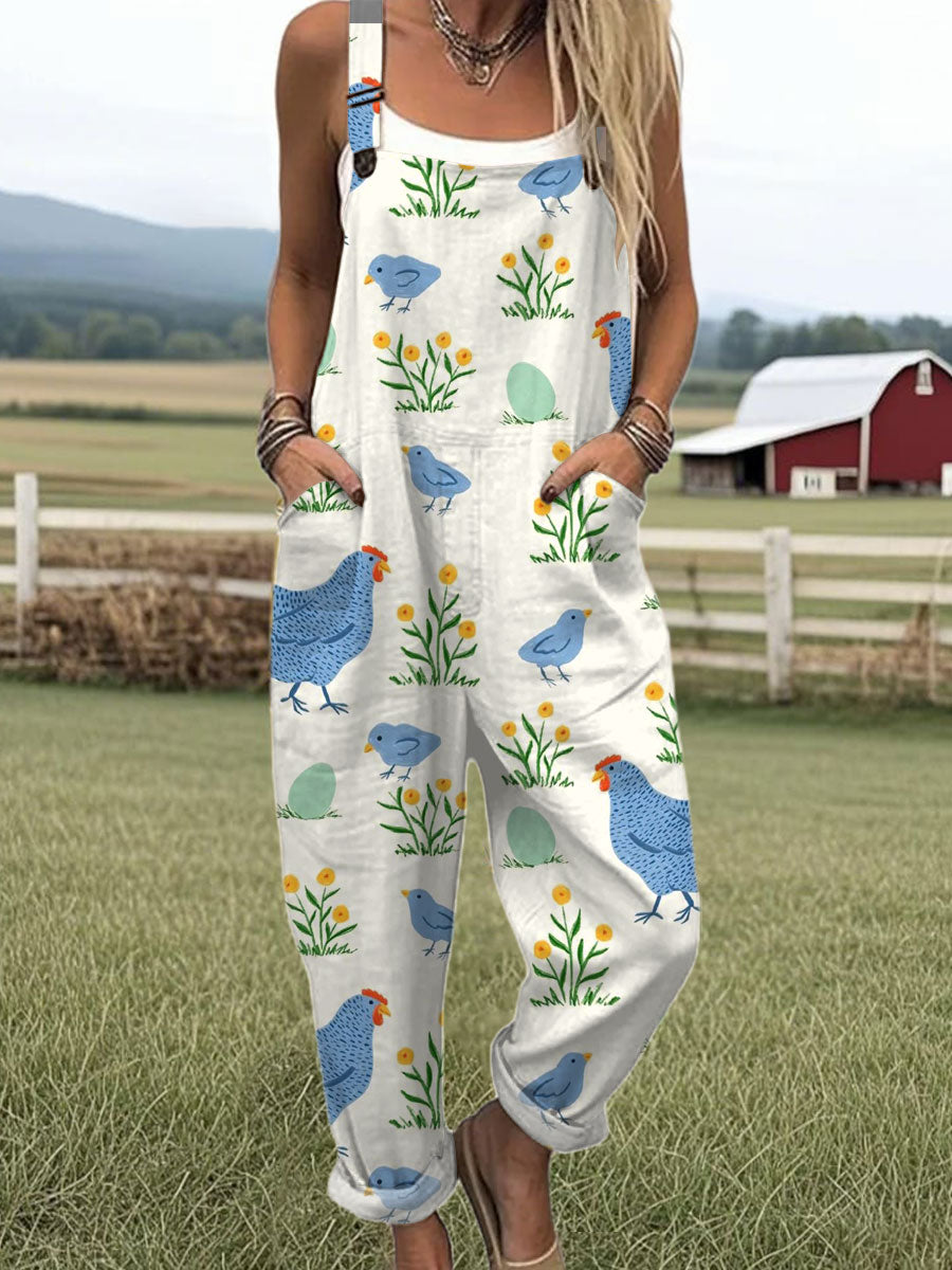Women's  Funny Rooster Art Print Casual 100% Cotton Wide Leg Jumpsuit