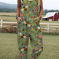 Women's  Funny Flower Bee  Art Print Casual 100% Cotton Wide Leg Jumpsuit