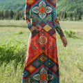 Women's Colorful Ethnic Rhombus Geometric Floral Art Print Long-sleeved V-neck Dress