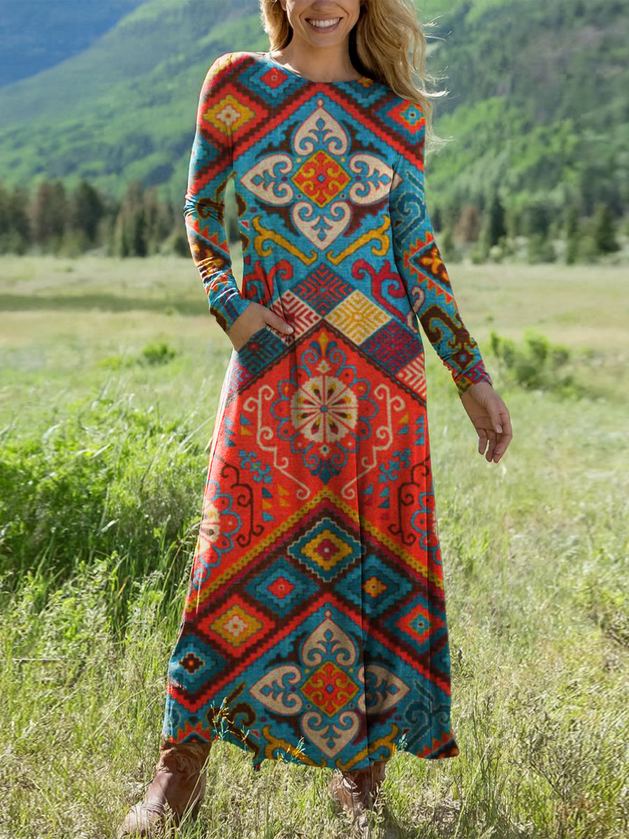 Women's Colorful Ethnic Rhombus Geometric Floral Art Print Long-sleeved V-neck Dress