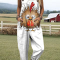Women's Lovely Chicken Pattern Art Print Casual 100% Cotton Wide Leg Jumpsuit