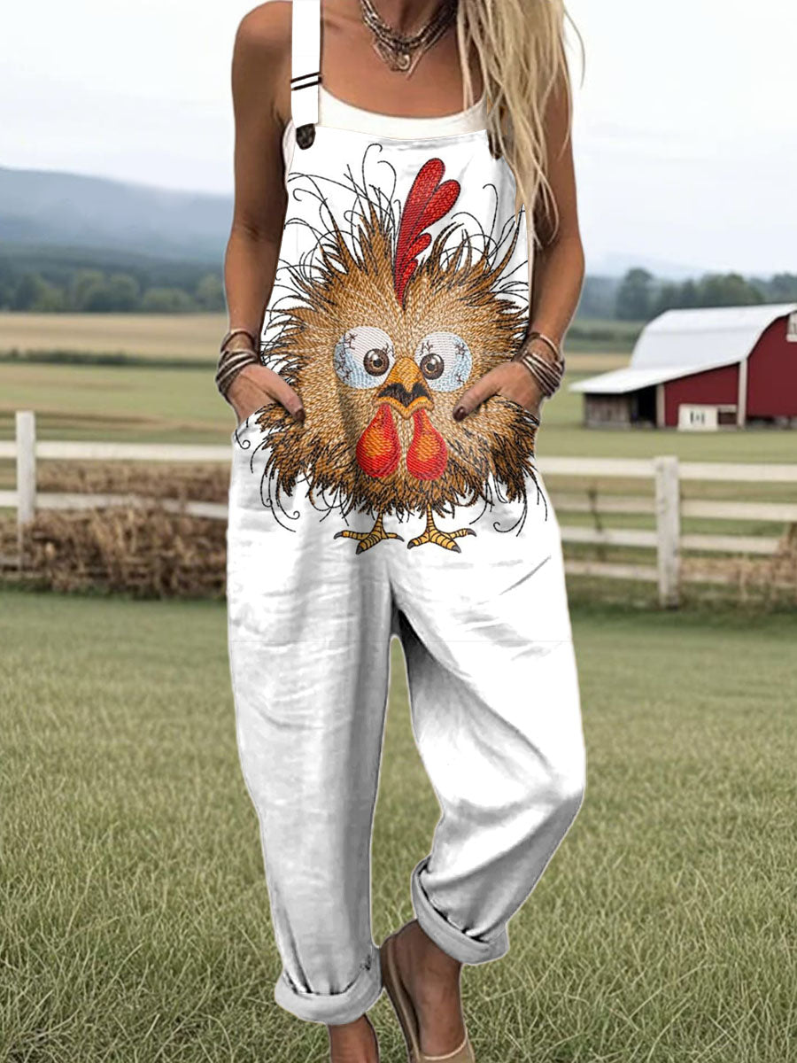 Women's Lovely Chicken Pattern Art Print Casual 100% Cotton Wide Leg Jumpsuit