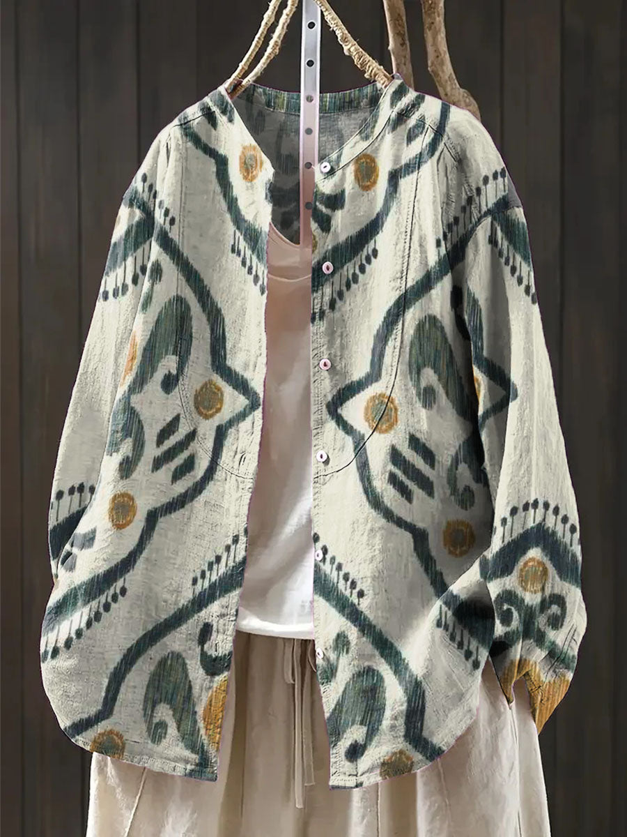 Women's Symmetrical Ethnic Style Art Print Casual Cotton And Linen Shirt