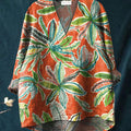 Women's Vintage Lovely Floral Art Print Casual Cotton And Linen V-neck Shirt