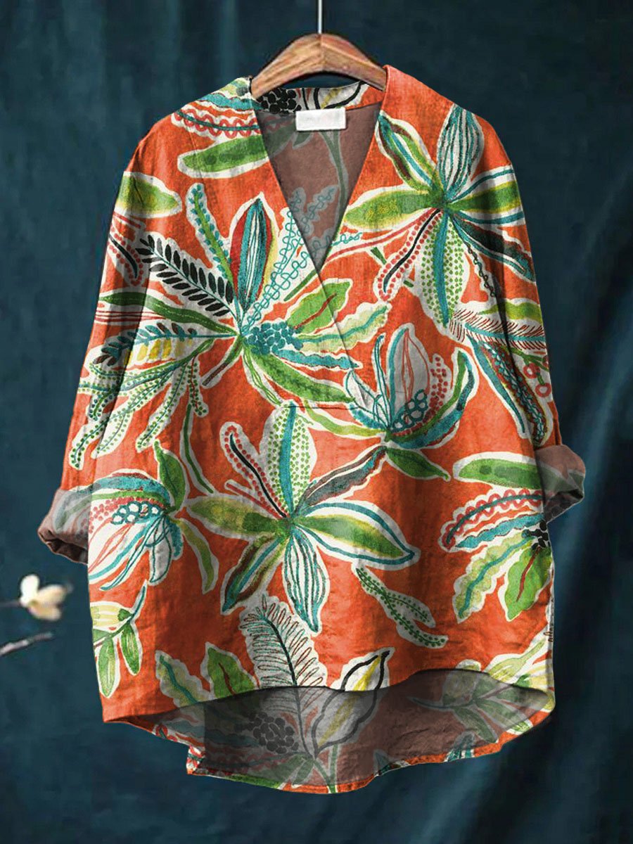 Women's Vintage Lovely Floral Art Print Casual Cotton And Linen V-neck Shirt