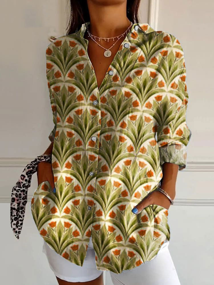 Women's  Retro Floral Art  Print Casual Cotton Shirt