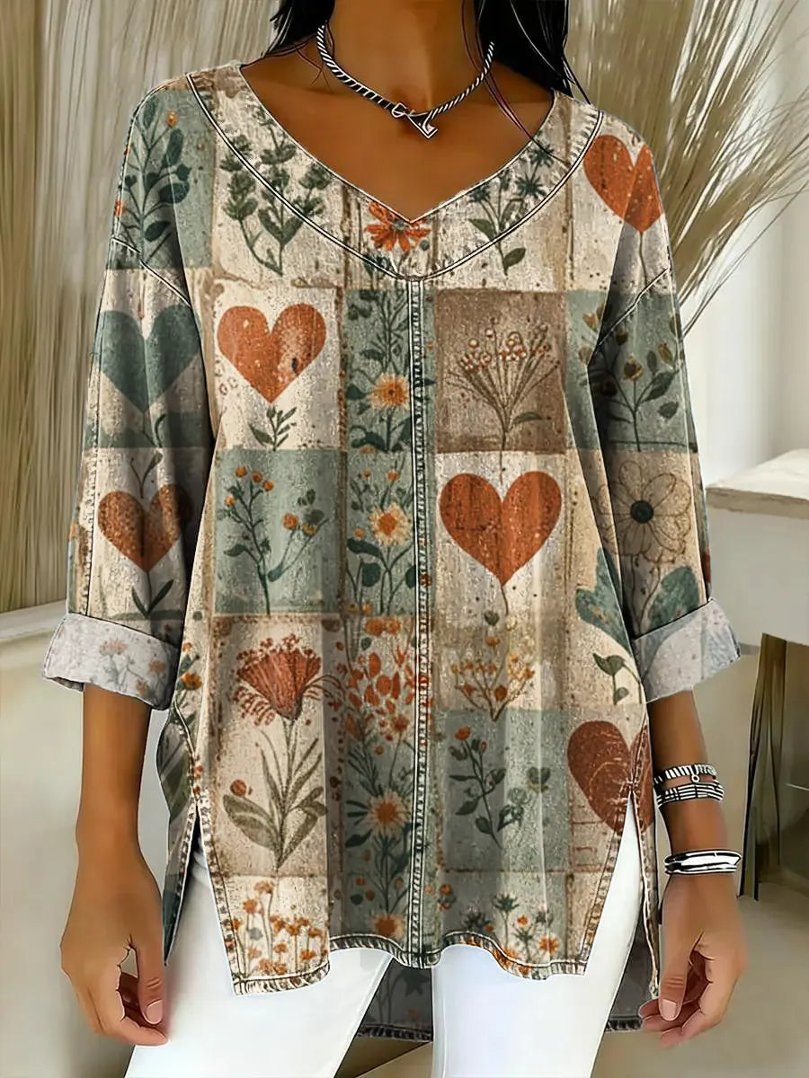 Women's Vintage Love Pattern Art Print Casual Denim Shirt