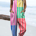 Women's Fashion Color Block Striped Art Print Casual 100% Cotton Wide Leg Jumpsuit