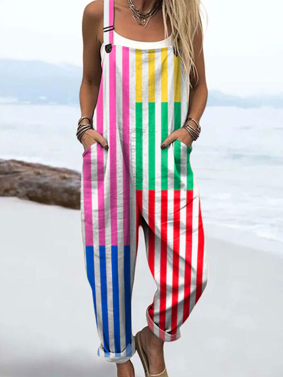 Women's Fashion Color Block Striped Art Print Casual 100% Cotton Wide Leg Jumpsuit