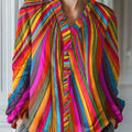 Women's Vintage Rainbow Stripe Art Print Casual Cotton And Linen Ruffle Shirt