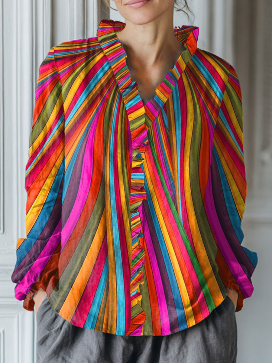 Women's Vintage Rainbow Stripe Art Print Casual Cotton And Linen Ruffle Shirt