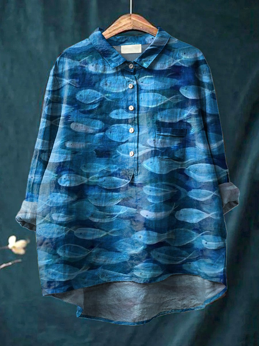 Deep Sea Sardine Fish Swarm Painting Printed Women's Casual Cotton And Linen Shirt