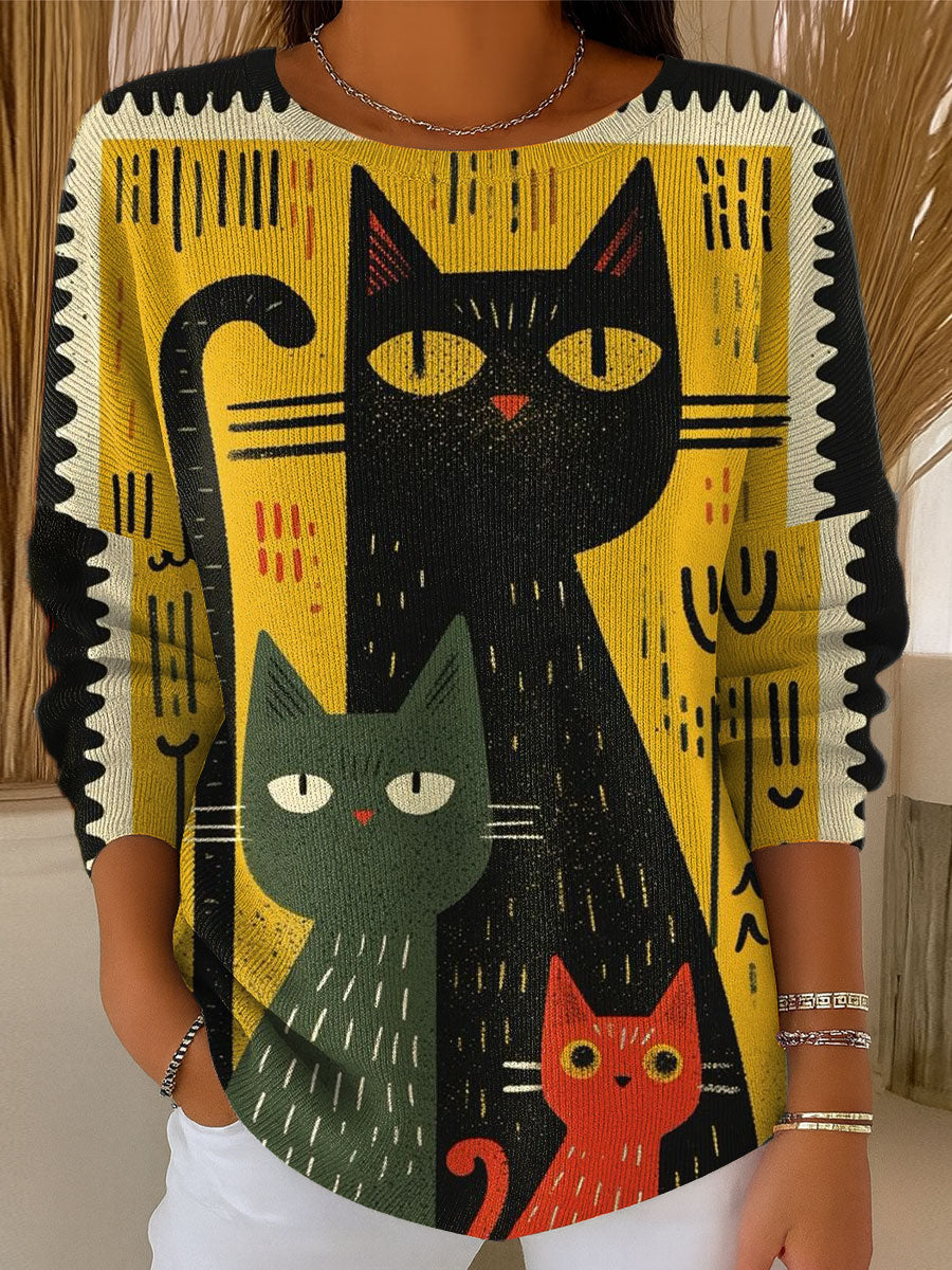 womens-vintage-cat-art-print-casual-pullover-sweater-np2n