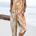 Women's Vintage Abstract Rust Texture Art Print Casual 100% Cotton Wide Leg Jumpsuit
