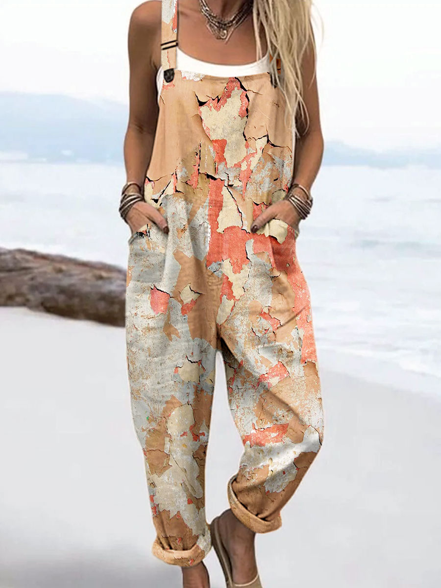 Women's Vintage Abstract Rust Texture Art Print Casual 100% Cotton Wide Leg Jumpsuit