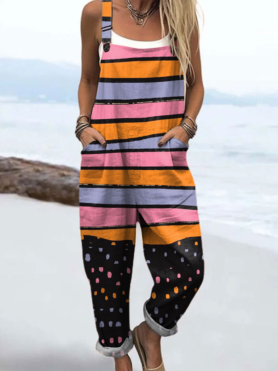 Women's Colorful Abstract Stripes Geometric Art Print Casual 100% Cotton Wide Leg Jumpsuit