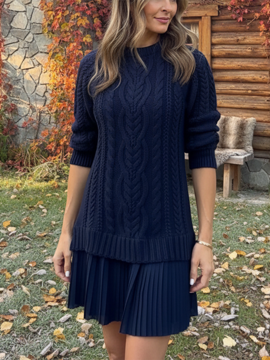 Women's Retro Elegant Cable Knit Paneled Hem Dress