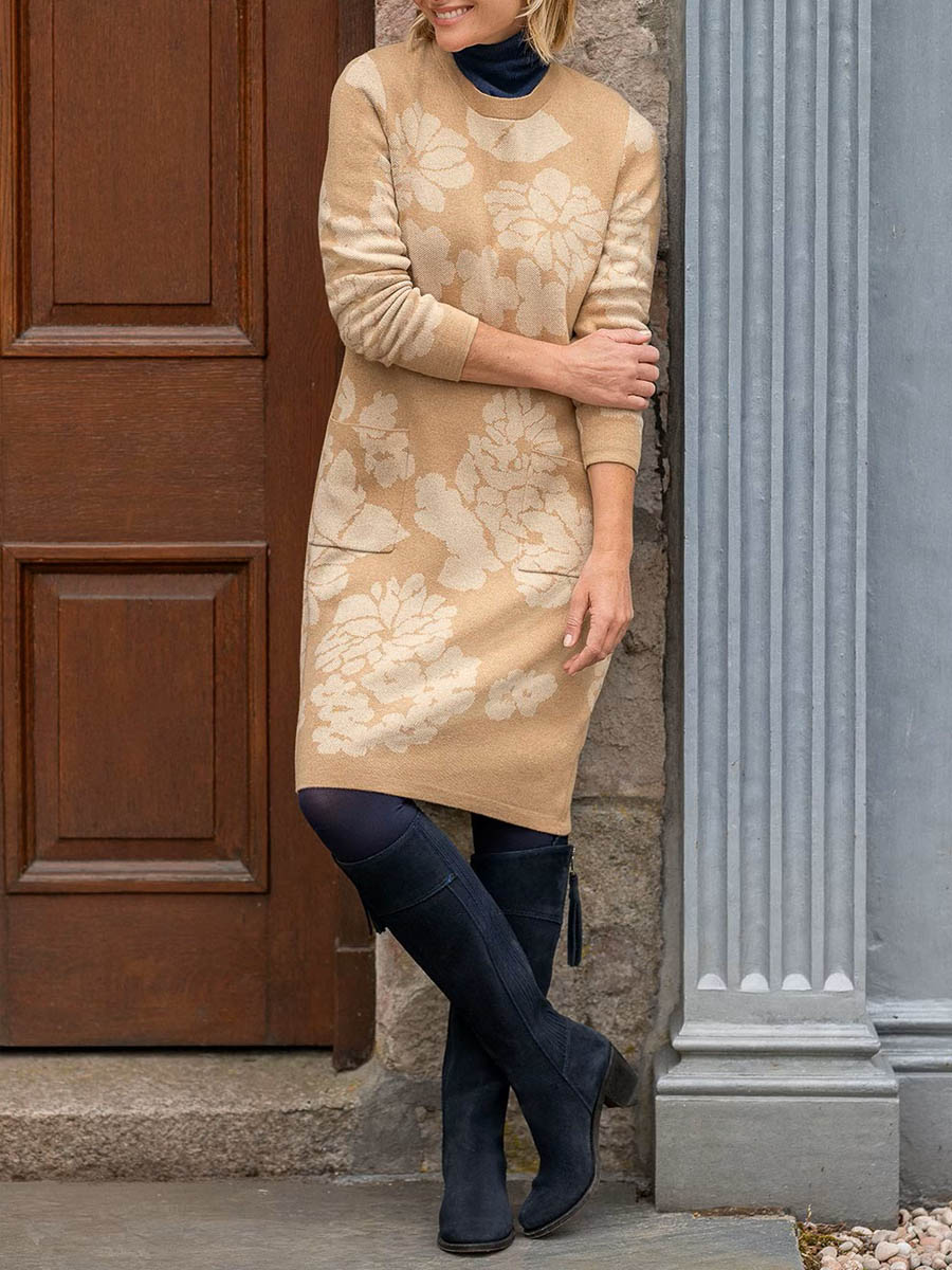 Women's Retro Print Round Neck Long Sleeve Casual Loose Knit Dress