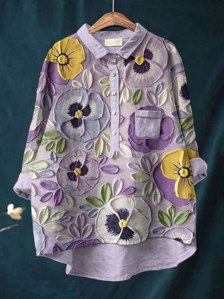 Vintage Flower Oil Painting Color Blocks Casual Cotton Linen Shirt