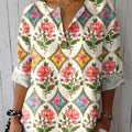 Women's Retro Floral  Art Print Casual Cotton Linen Shirt